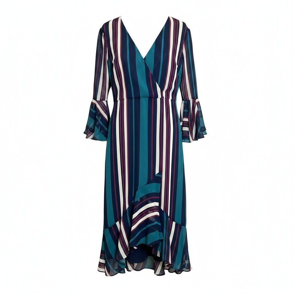 Maison Tara Womens Striped Faux Wrap Midi Dress‎ Teal Navy Bell Sleeve Size 8